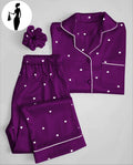 Purple Silk Night Suit with Heart Print & Hair Scrunchie