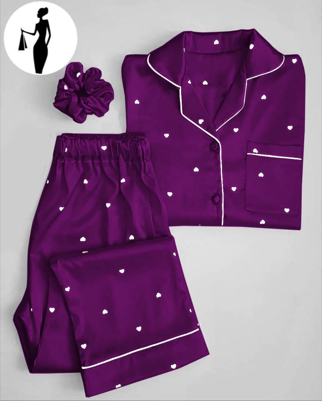 Purple Silk Night Suit with Heart Print & Hair Scrunchie