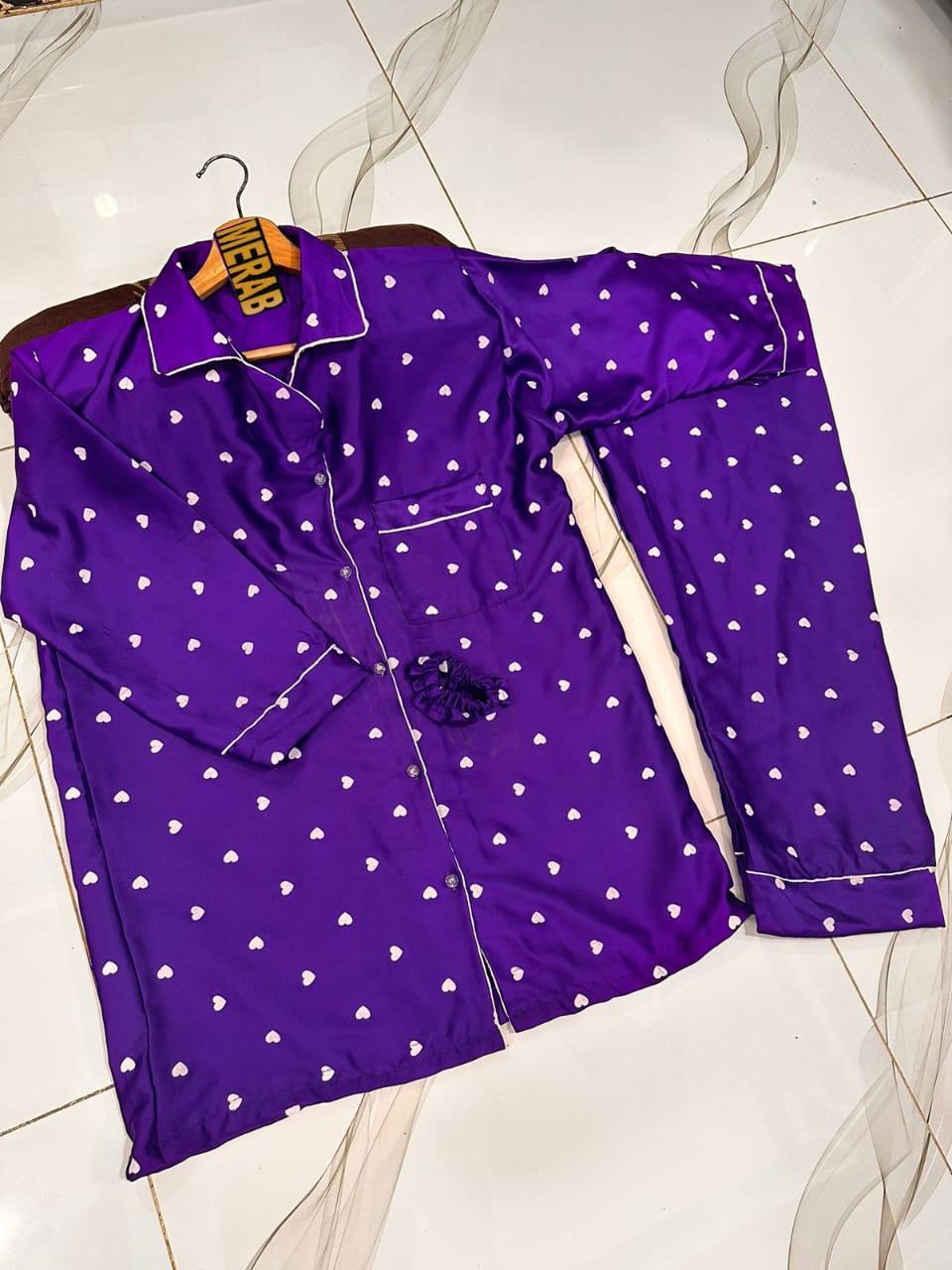 Purple Silk Night Suit with Heart Print & Hair Scrunchie