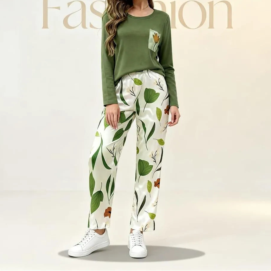 Women Printed Night Suit Green Medium XL Jersey Set