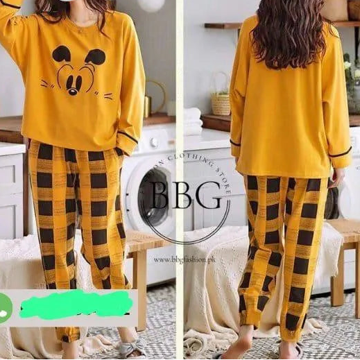 Women's Yellow Mickey Printed Night Suit 2Pcs Medium to XL