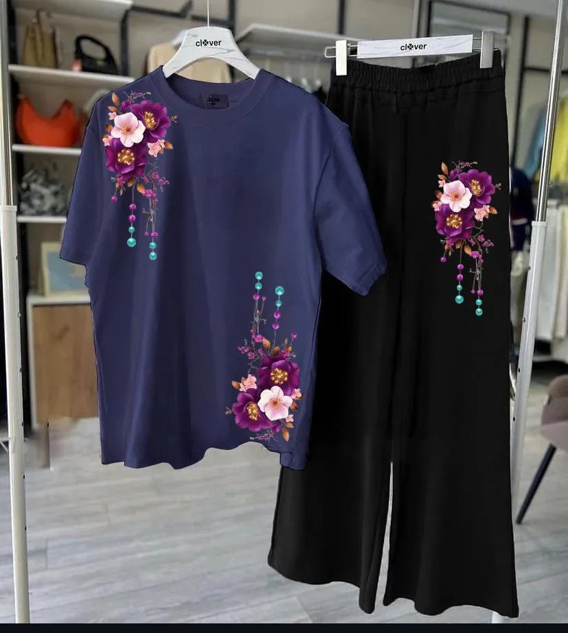 Women Printed Night Suit Blue Floral Jersey 2Pcs Medium to XL