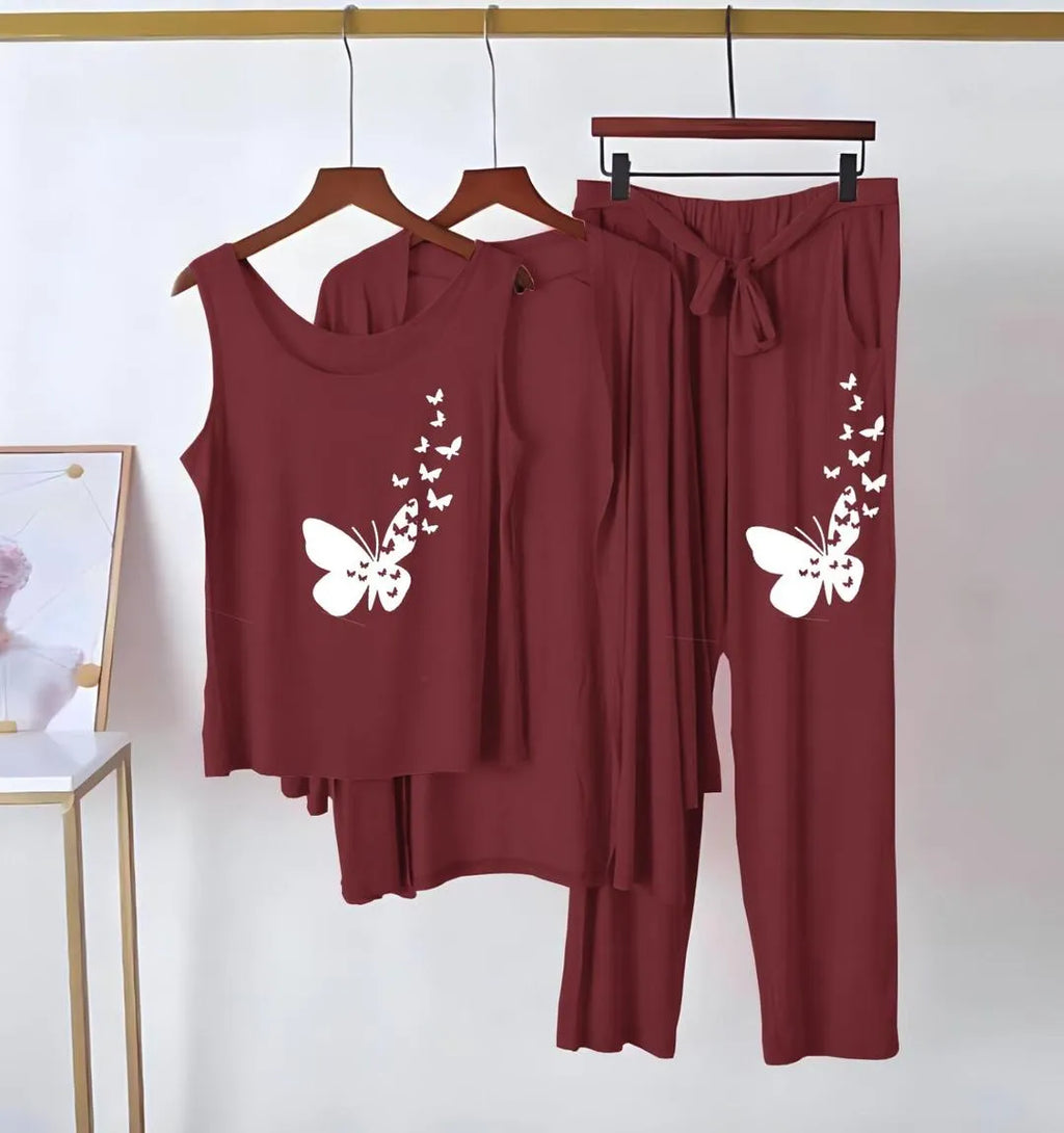 Maroon Butterfly Printed 3 Pcs Night Suit for Women