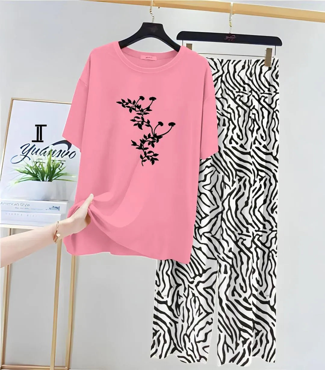 Pink Floral Night Suit with Zebra Print Trousers