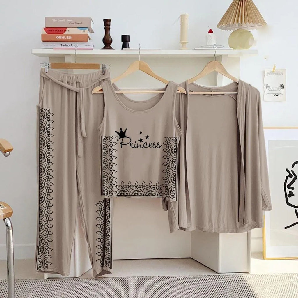 Beige Printed 3 Pcs Women Night Suit Jersey