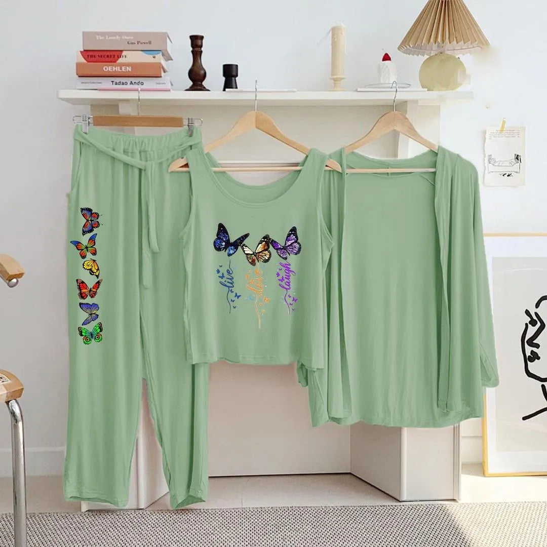 Green Butterfly Print 3-Piece Night Suit for Women