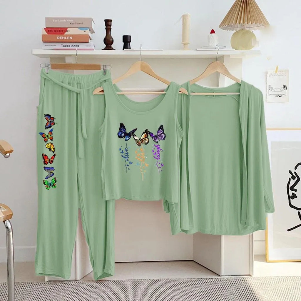 Green Butterfly Print 3-Piece Night Suit for Women