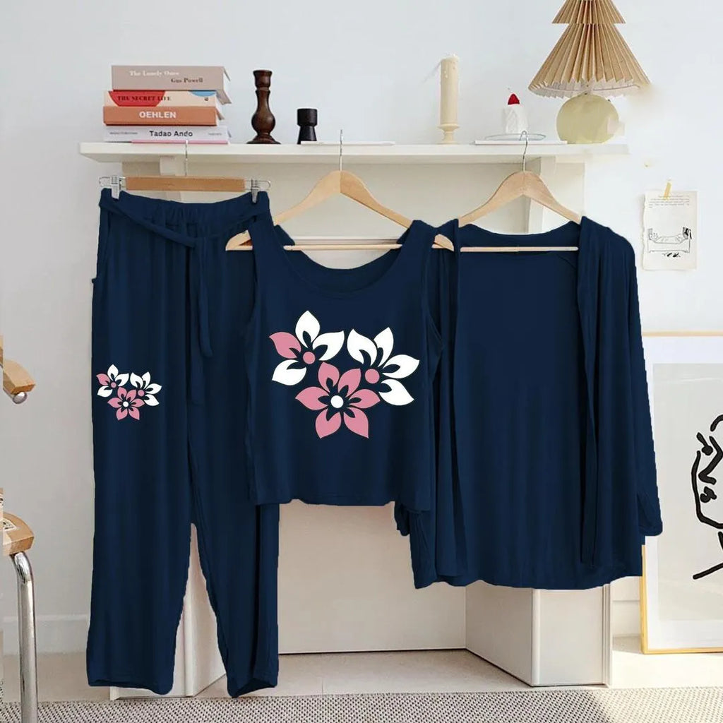 3-Piece Floral Night Suit Navy Blue Jersey Set