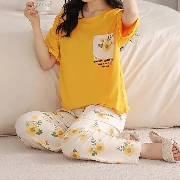 Women Printed Jersey Night Suit Yellow Medium to XL