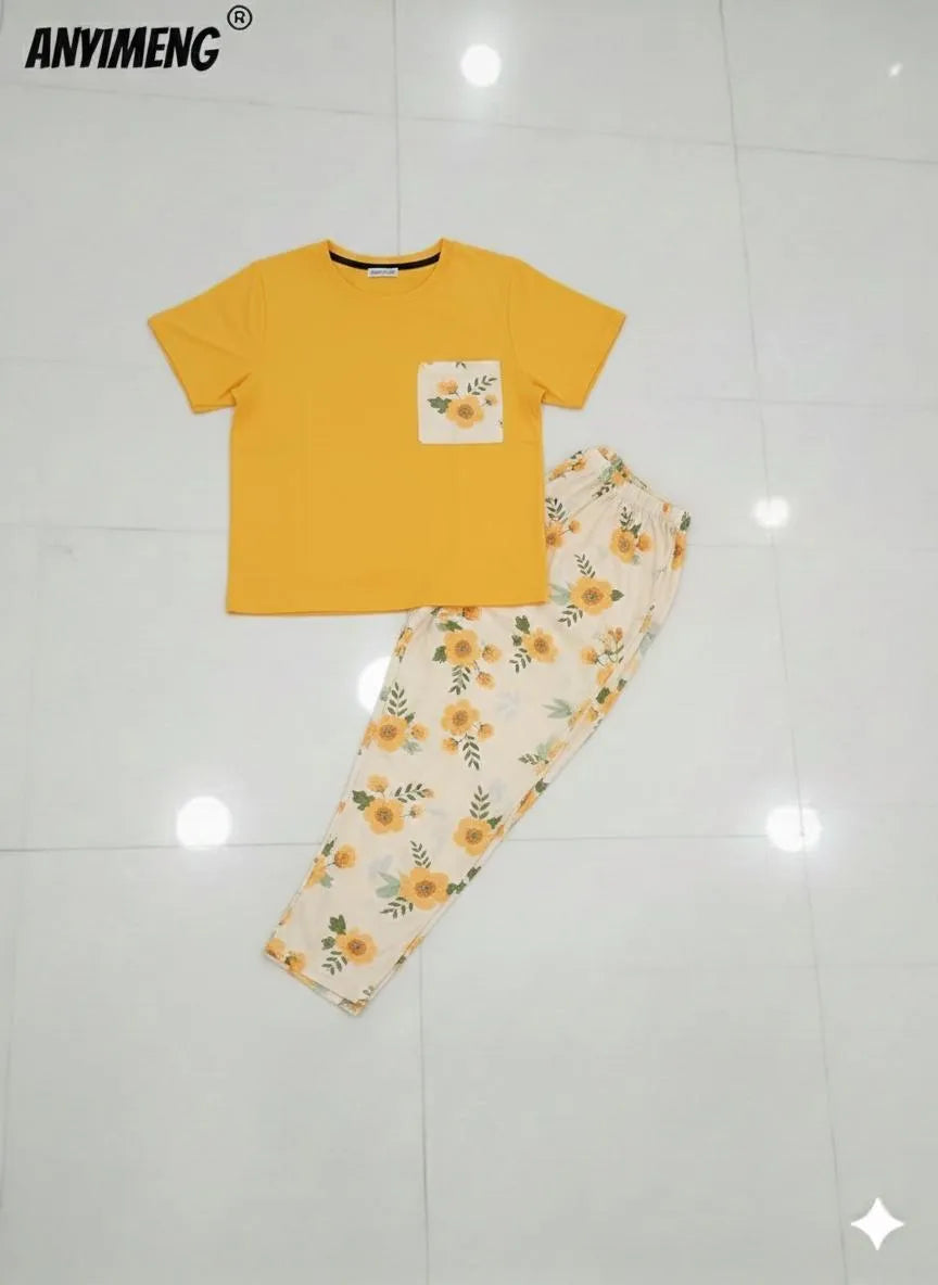Women Printed Jersey Night Suit Yellow Medium to XL