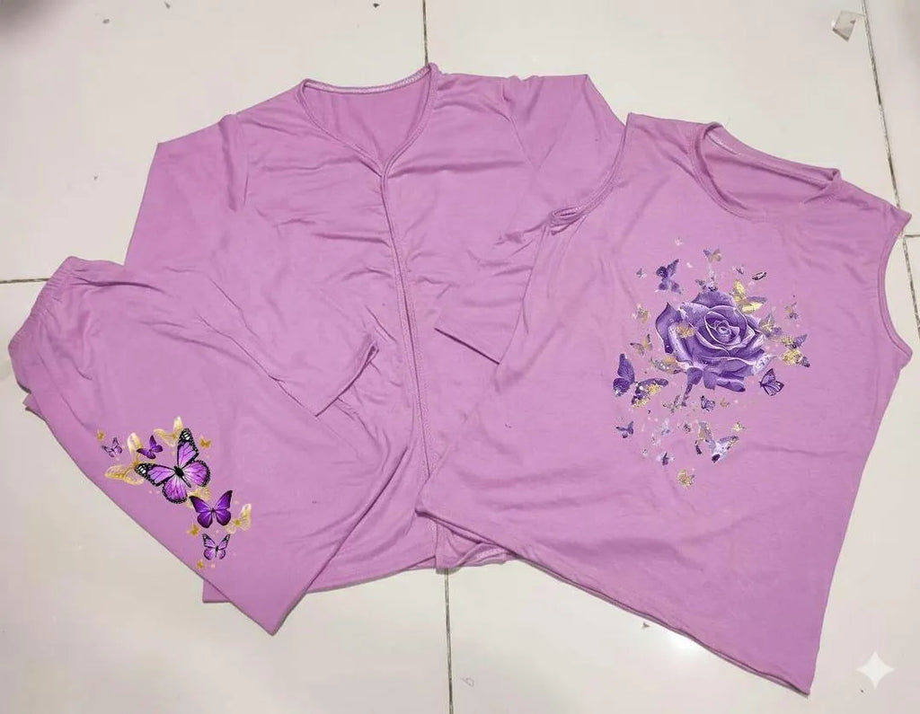 3 Pcs Printed Peach Jersey Night Suit for Women