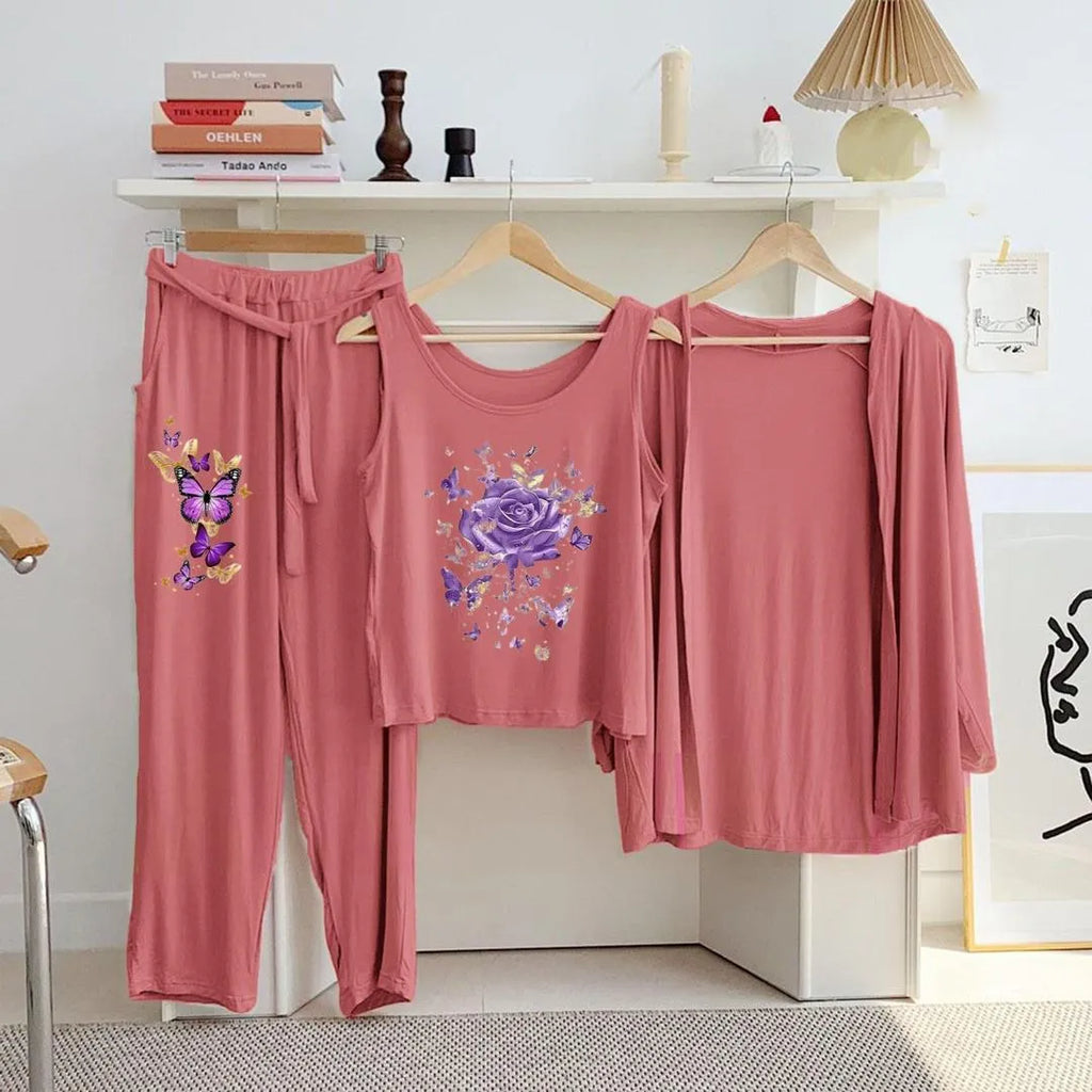 3 Pcs Printed Peach Jersey Night Suit for Women
