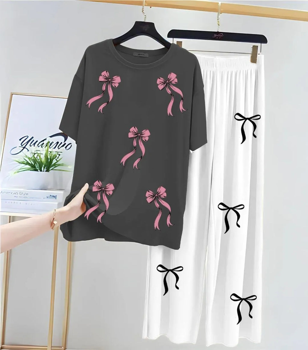 Bow Printed Night Suit for Girls Women Pink White