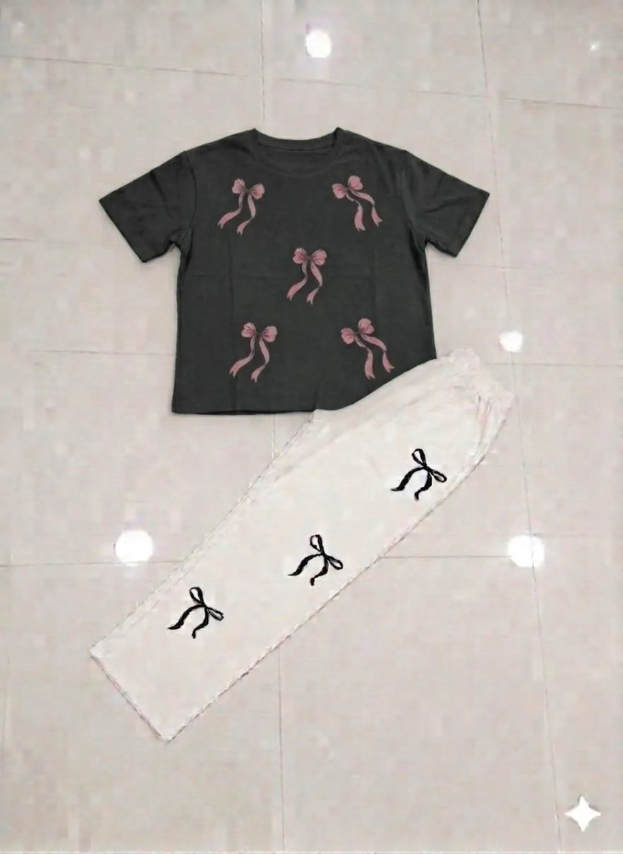 Bow Printed Night Suit for Girls Women Pink White