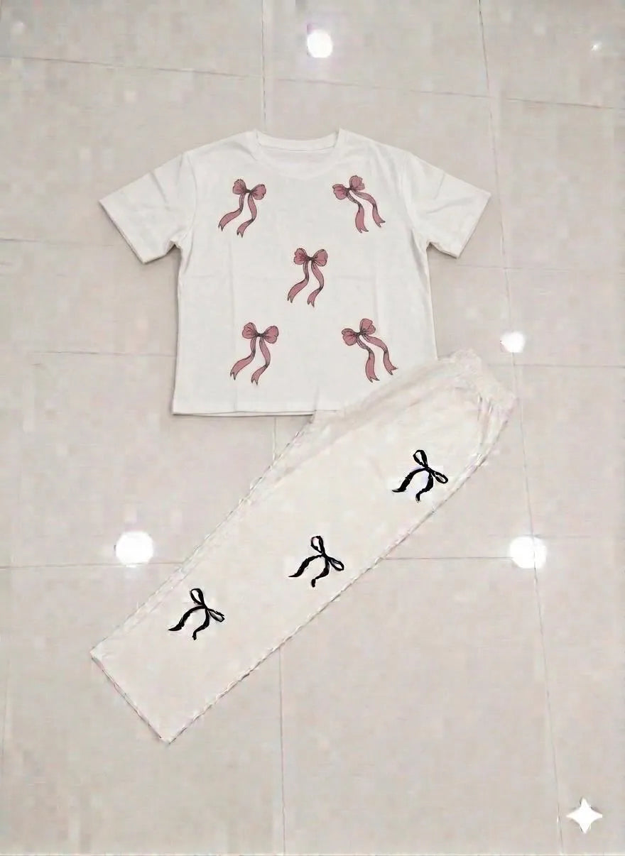 Bow Printed Night Suit for Girls White