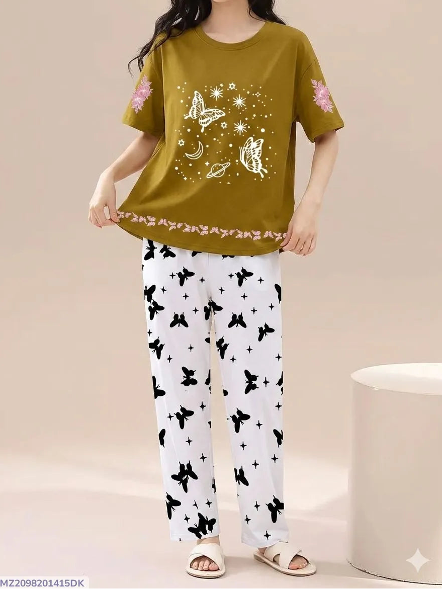 2 Pcs Women's Stitched Cotton Jersey Printed Night Suit
