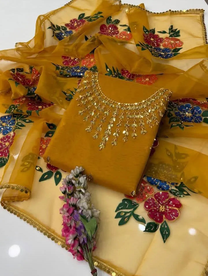 Mustard Organza 3 Pcs Hand Work Es Suit for Weddings