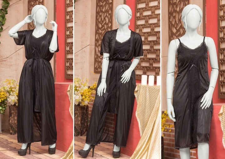 2 Pcs Premium Silk Nightwear Set With Lace | Satin Camisole & Shorts Sleepwear Free Size -  SKU R-007 Black