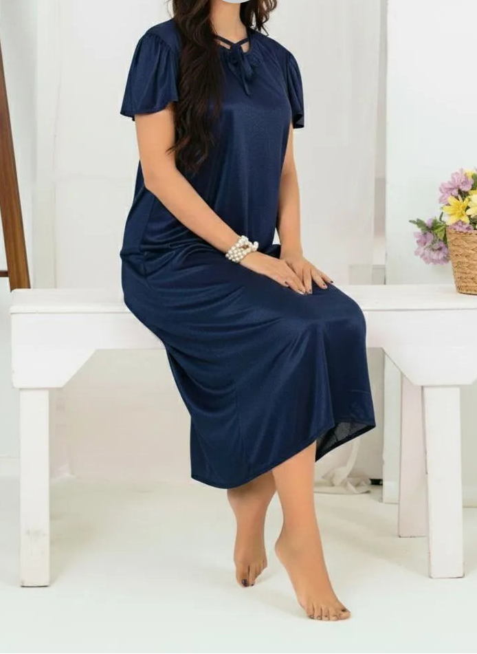 Blue Silk Night Suit for Women V-Neck Free Size