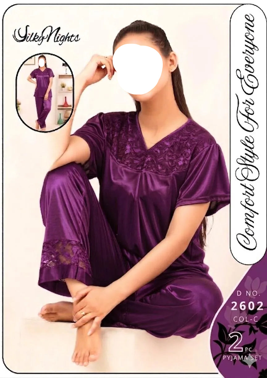 Purple Silk Lace V-Neck 2Pcs Sleep Set