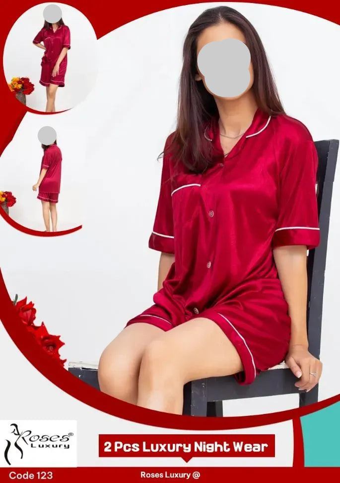 Maroon Silk 2-Piece Nightwear Set with V-Neck
