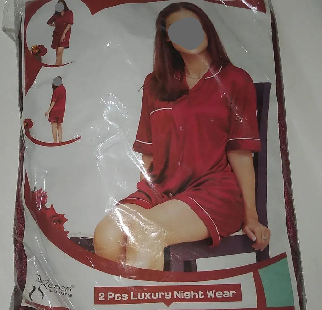 Maroon Silk 2-Piece Nightwear Set with V-Neck