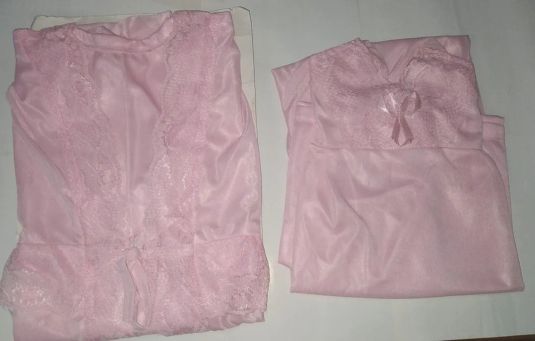Pink Silk Lace Nightgown Set for Women