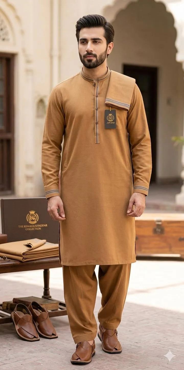 Men Khaddar Plain Brown Suit Summer