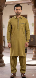 Men's Olive Green Kurta Pajama Set with Zip Front
