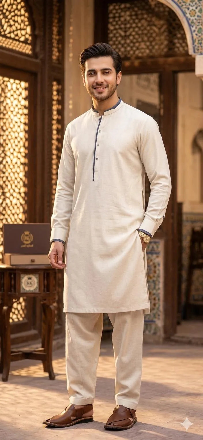 Off White Khaddar Men Suit Summer 7m