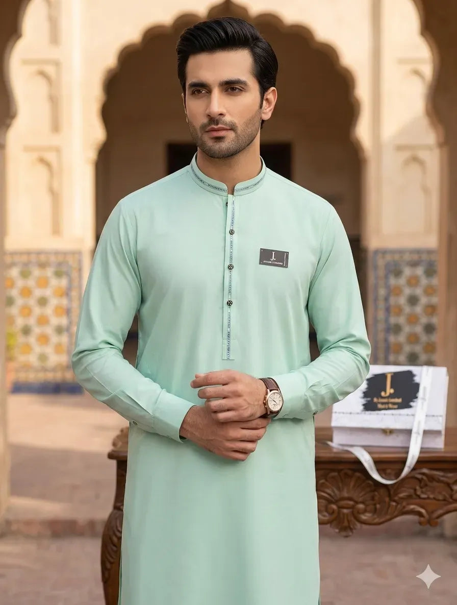 Men's Green Wash & Wear Plain Suit Summer