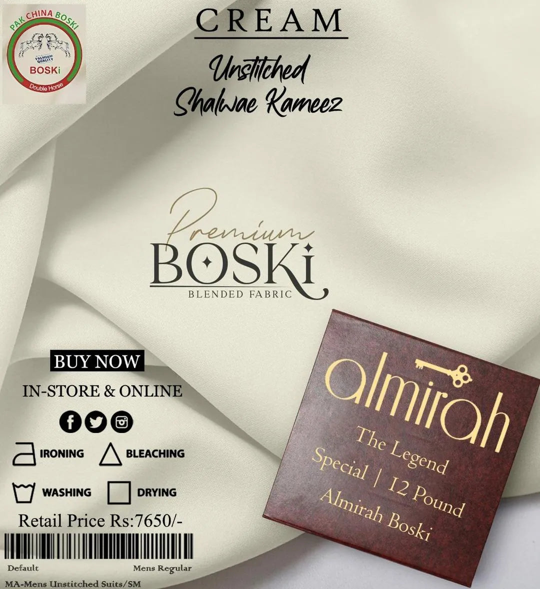 Unstitched Boski Suit Off-White 12-Pound Premium Quality