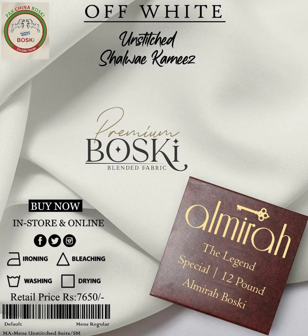 Unstitched Boski Suit Off-White 12-Pound Premium Quality