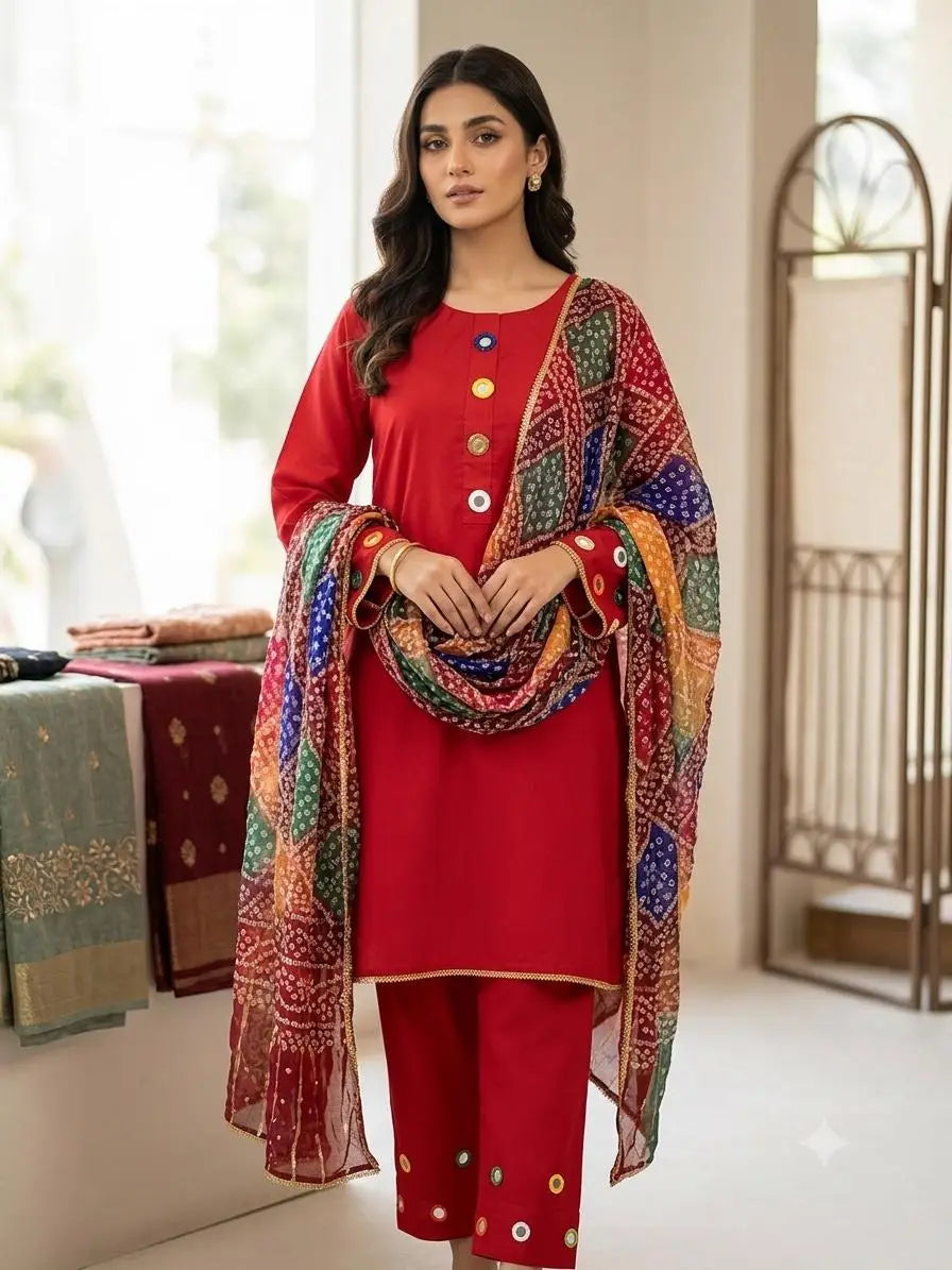 Malai Lawn 3 Piece Dress for Women – Mirror Work Neck & Sleeves, Farshi Shalwar with Mirror Work, Digital Print Chiffon Dupatta | Stitched Pakistani Ladies Suit | Medium Large