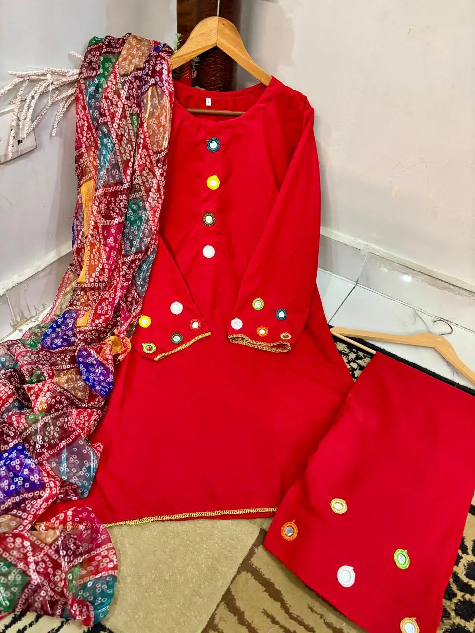 Malai Lawn 3 Piece Dress for Women – Mirror Work Neck & Sleeves, Farshi Shalwar with Mirror Work, Digital Print Chiffon Dupatta | Stitched Pakistani Ladies Suit | Medium Large