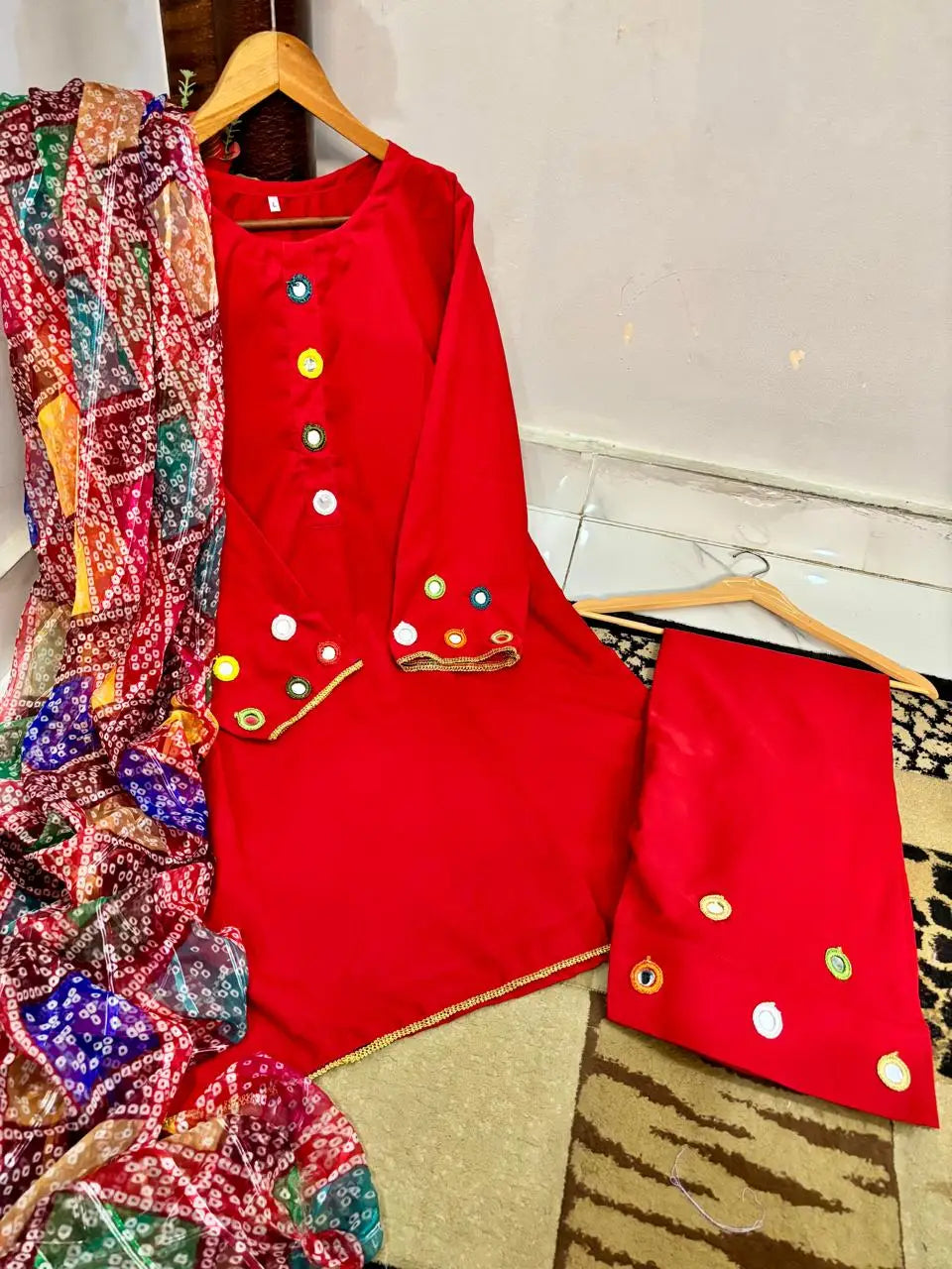 Malai Lawn 3 Piece Dress for Women – Mirror Work Neck & Sleeves, Farshi Shalwar with Mirror Work, Digital Print Chiffon Dupatta | Stitched Pakistani Ladies Suit | Medium Large