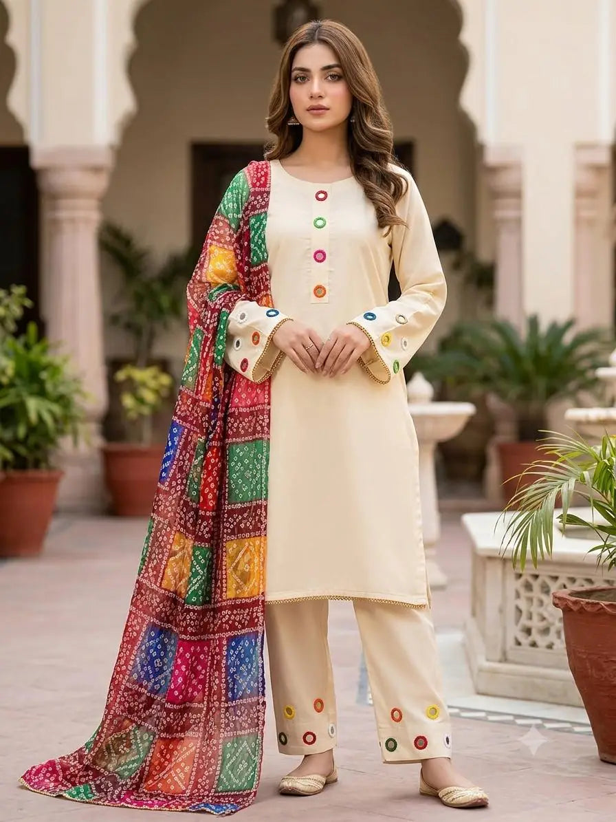 Malai Lawn 3 Piece Dress for Women – Mirror Work Neck & Sleeves, Farshi Shalwar with Mirror Work, Digital Print Chiffon Dupatta | Stitched Pakistani Ladies Suit | Medium Large