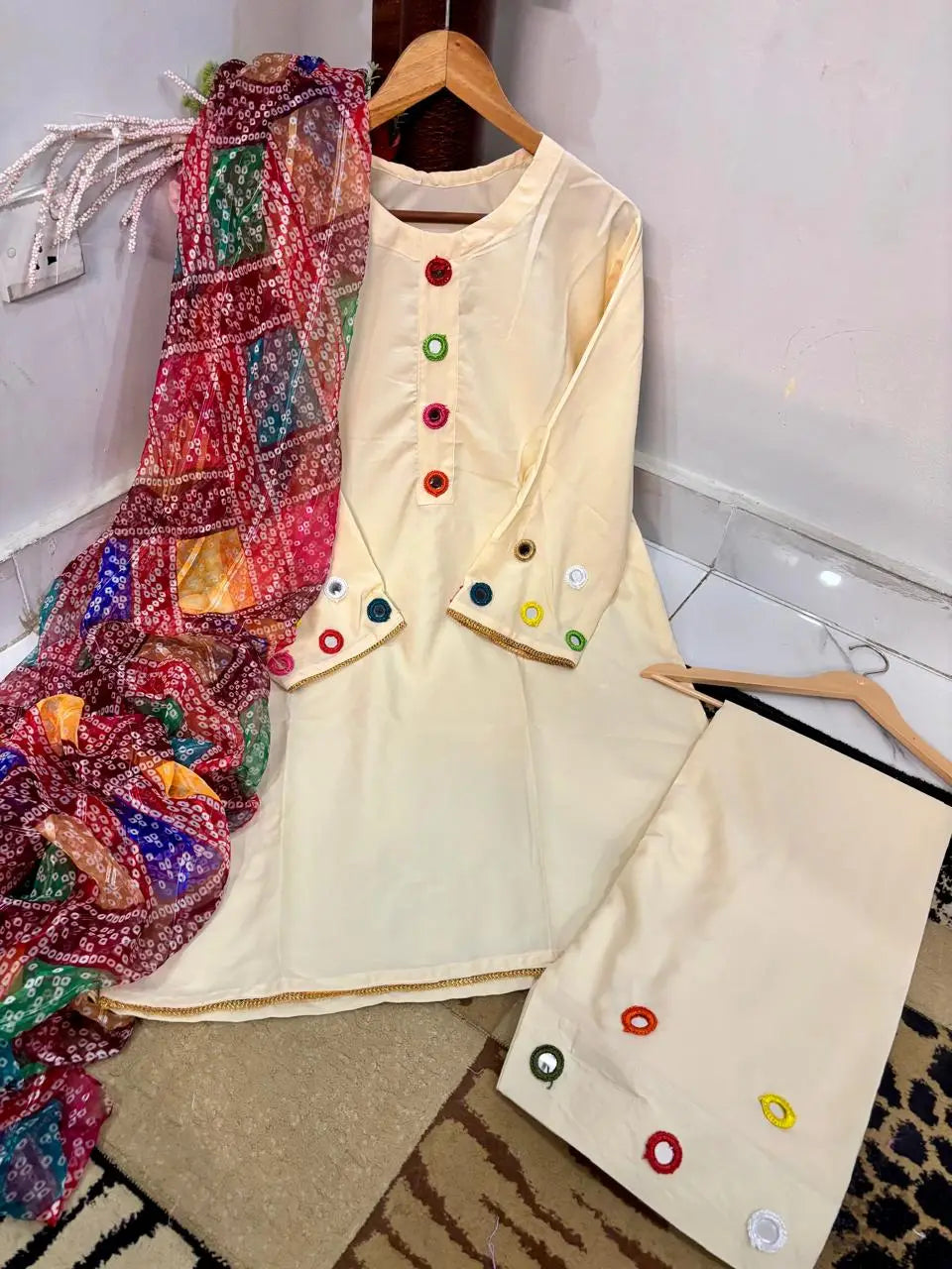Malai Lawn 3 Piece Dress for Women – Mirror Work Neck & Sleeves, Farshi Shalwar with Mirror Work, Digital Print Chiffon Dupatta | Stitched Pakistani Ladies Suit | Medium Large
