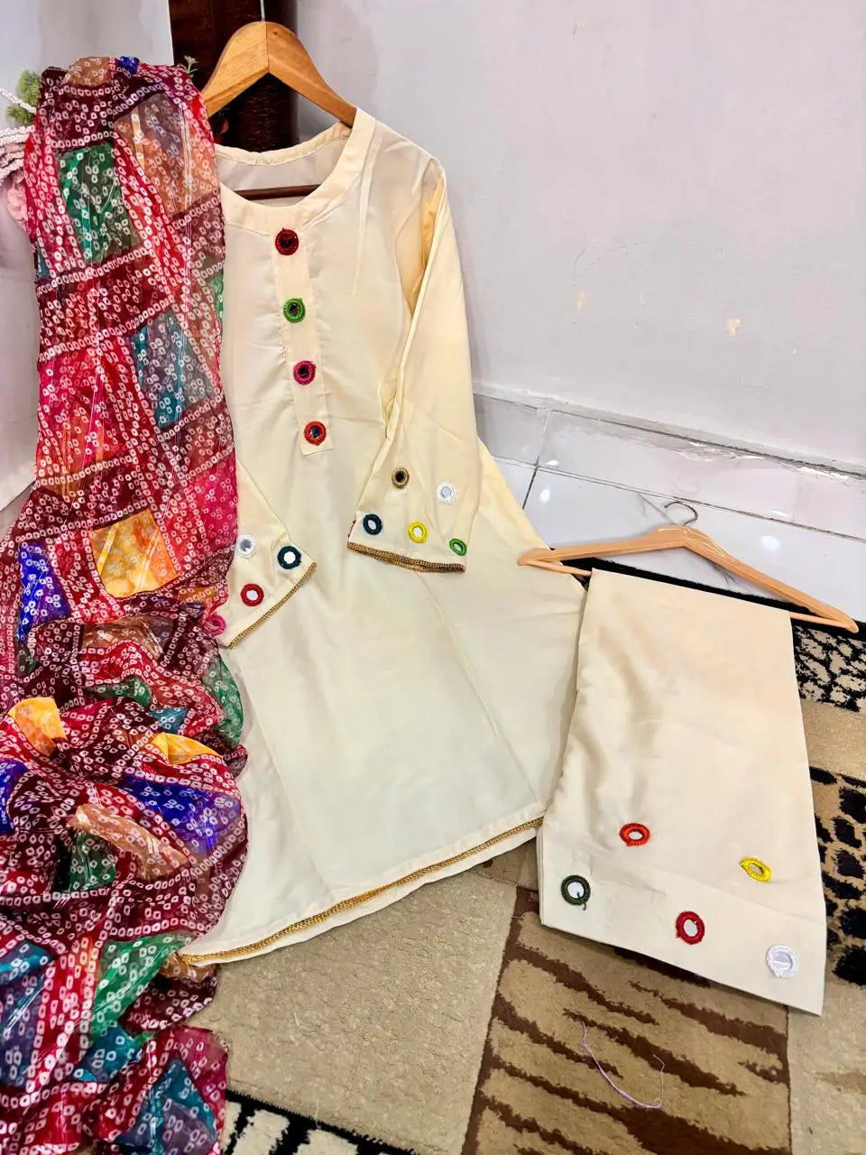 Malai Lawn 3 Piece Dress for Women – Mirror Work Neck & Sleeves, Farshi Shalwar with Mirror Work, Digital Print Chiffon Dupatta | Stitched Pakistani Ladies Suit | Medium Large