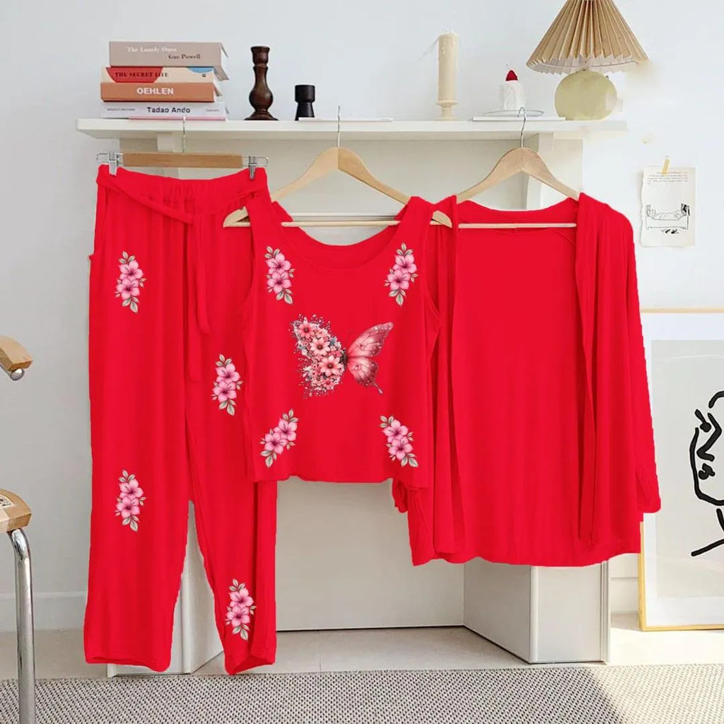 Red Printed 3Pcs Women Night Suit Set with Butterfly Design
