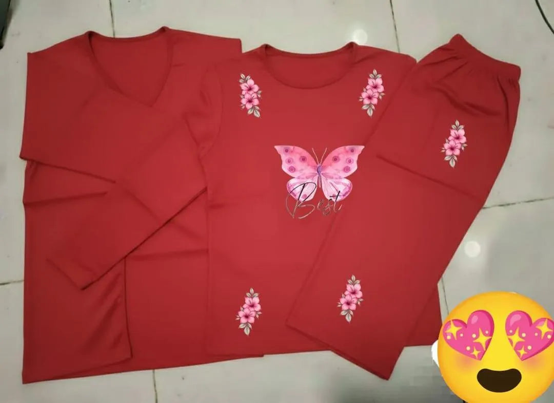 Red Printed 3Pcs Women Night Suit Set with Butterfly Design