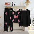 Black Printed 3Pcs Women Night Suit Set with Butterfly Design