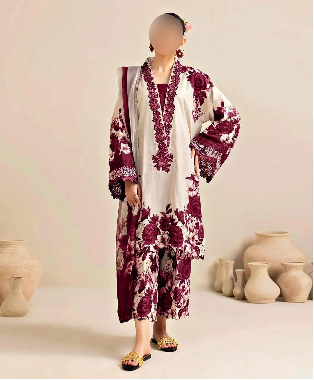 3 Pcs Maroon Silky Printed Suit for Women Summer Collection