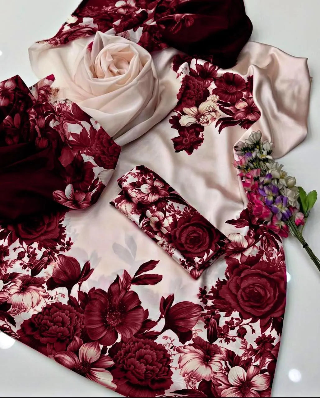 3 Pcs Maroon Silky Printed Suit for Women Summer Collection