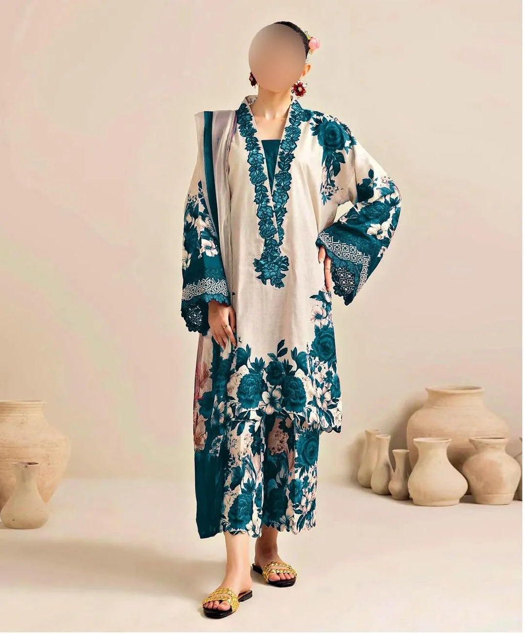 Women's 3-Piece Silk Printed Suit Blue Summer Eid Wear