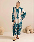 Women's 3-Piece Silk Printed Suit Blue Summer Eid Wear