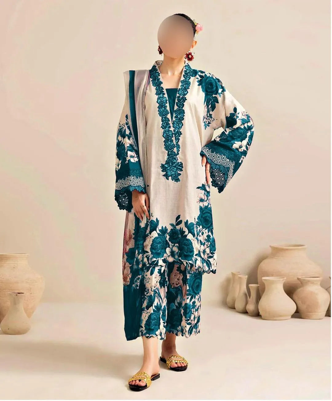 Women's 3-Piece Silk Printed Suit Blue Summer Eid Wear
