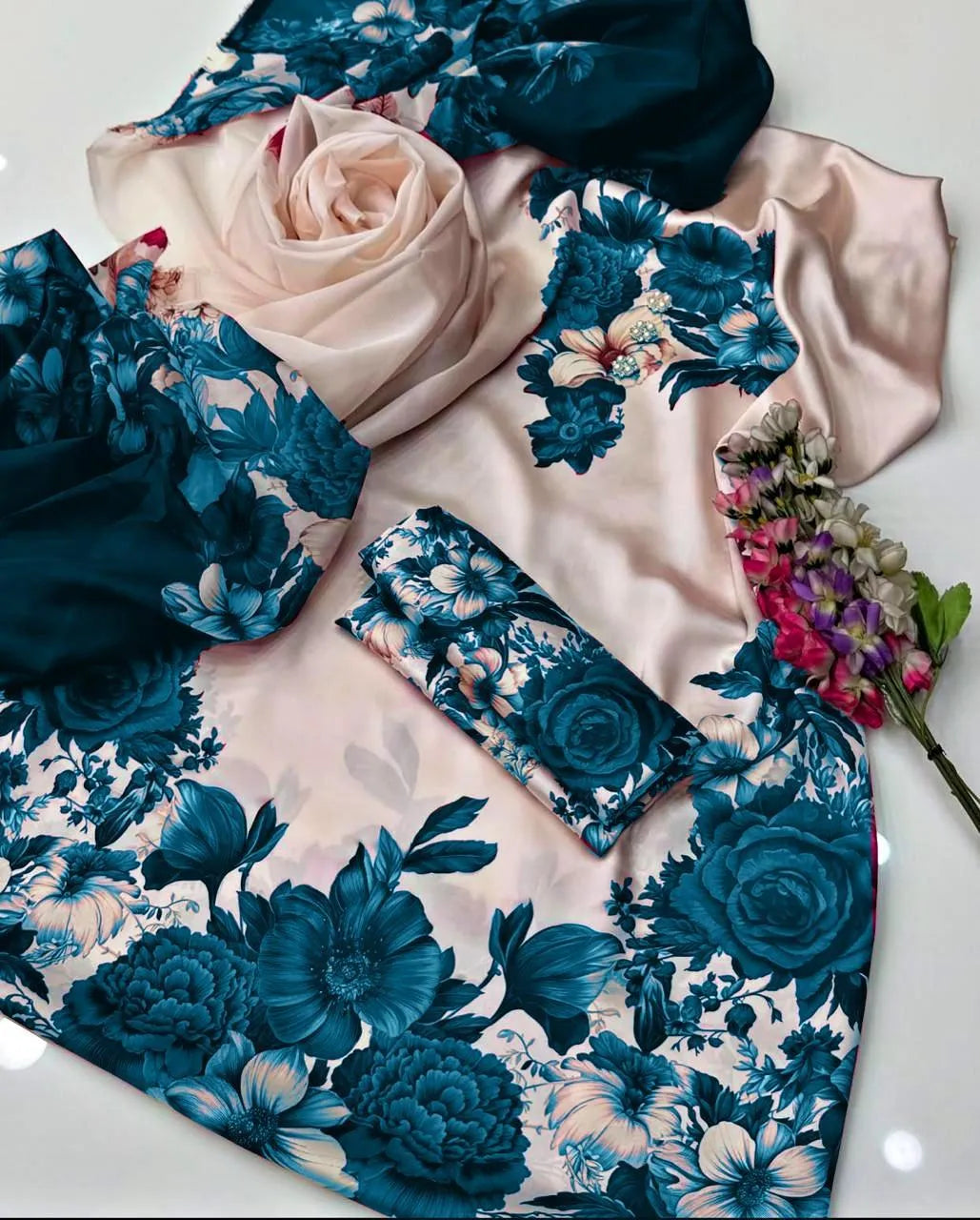 Women's 3-Piece Silk Printed Suit Blue Summer Eid Wear