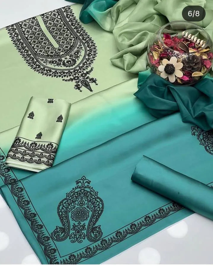Women's 3-Piece Silk Suit Mint Teal Digital Print