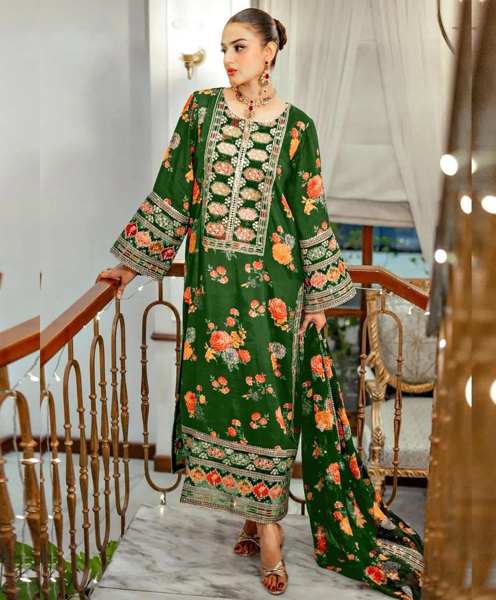 Green 3 Pcs Silky Printed Suit for Women Summer Collection